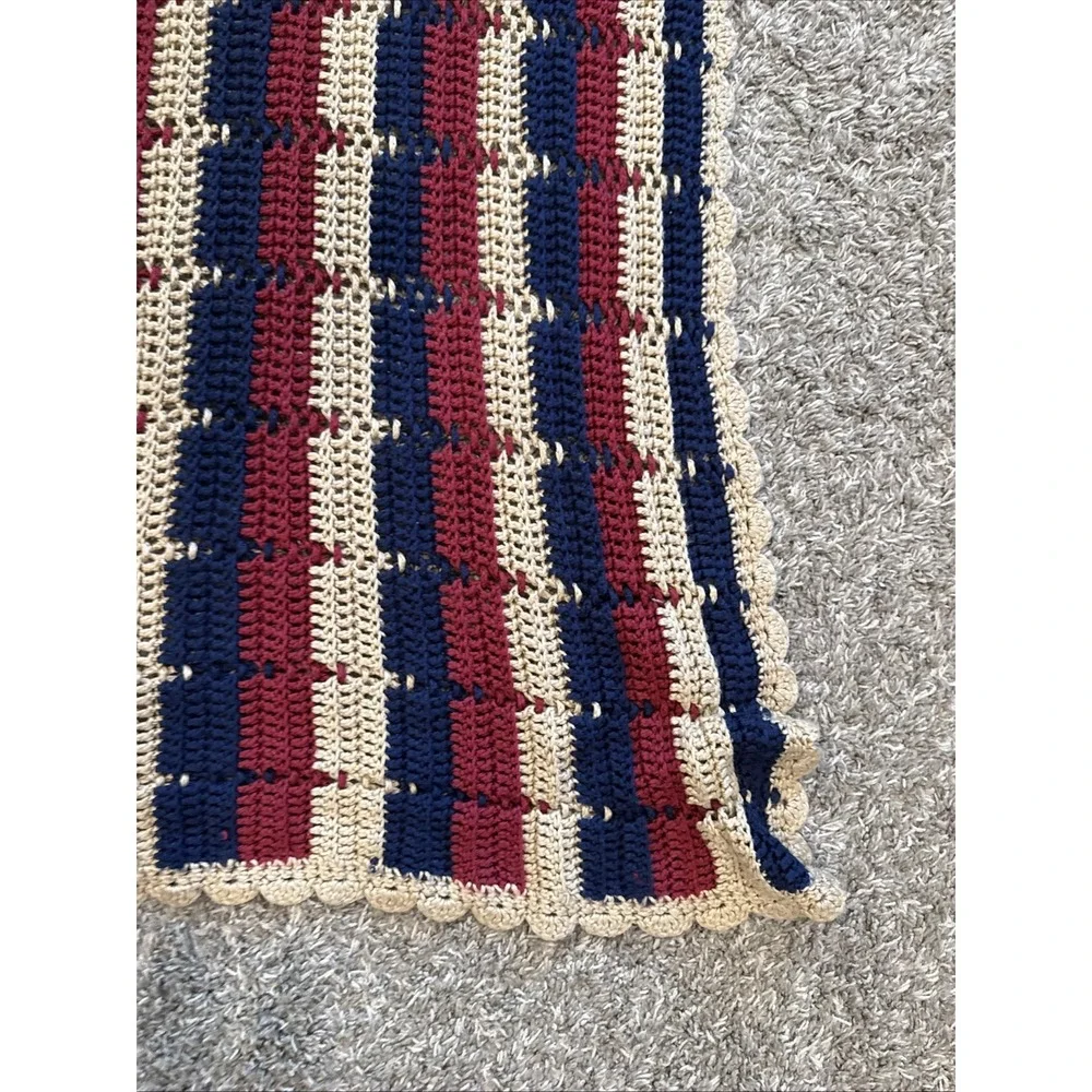handmade crochet afghan / throw blanket 48x42 Blue Red Cream